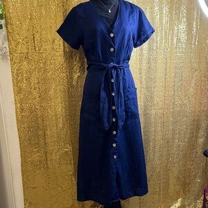 Rachel Zoe Deep Blue Midi Dress with Button Accents 100% linen